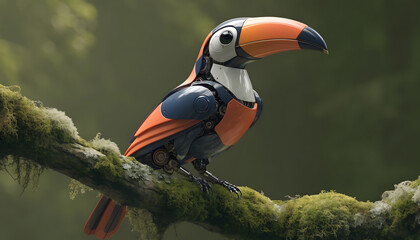 Fototapeta premium Bionic cybernetic toucan perching on forest limb. Advanced biomimicry and wildlife engineering. High-tech robotic bird sitting on a mossy tree branch in nature