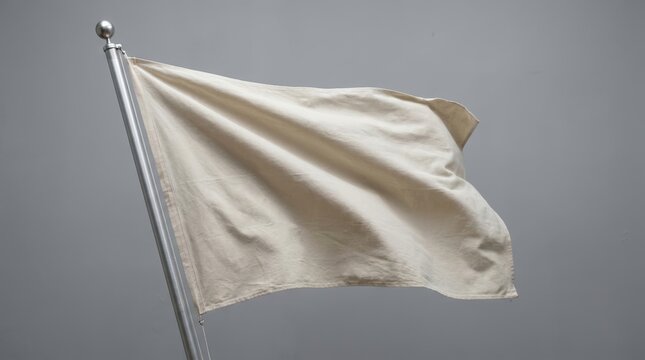 A plain white flag waving on a flagpole against a neutral gray background.