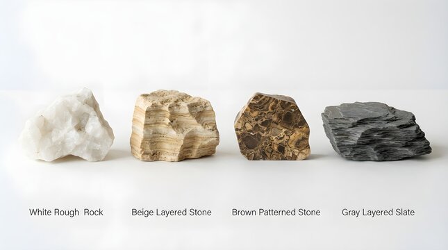 Four different types of natural rocks and minerals arranged in a row with descriptive labels on a clean white background