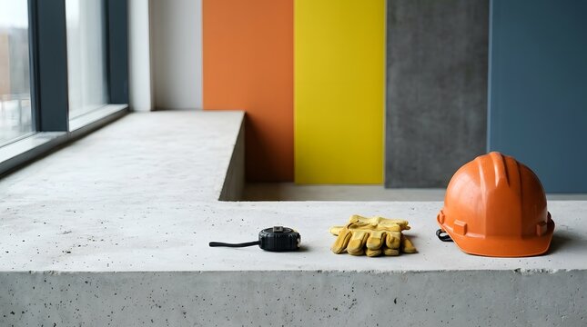 Construction tools and safety helmet resting on a windowsill with colorful wall