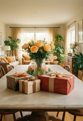 Naklejka premium Celebration and gift giving, wrapped presents and fresh rose bouquet on dining table in cozy home interior for birthday anniversary or holiday event