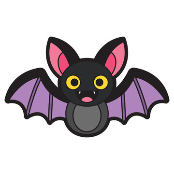Cute black bat with yellow eyes, purple wings, pink ears, and sharp white fangs. Perfect for halloween designs or spooky themes