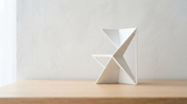A white, geometric, abstract sculpture with a minimalist design, placed on a wooden surface against a plain white background.