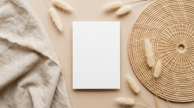Blank book mockup with natural elements and fabric on a neutral background.