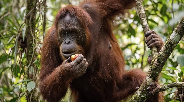 Close up of a Sumatran Orangutans (pongo pygmaeus) is climbing and eating fig fruit in rainforest, Sumatra, Indonesia.
