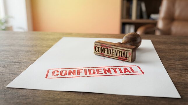 Confidential rubber stamp on white paper, secret document on wooden office desk, red ink confidential seal for legal and private business data
