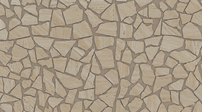 Natural beige stone mosaic wall texture, irregular sandstone flagstone pattern, rustic travertine tile floor background for interior design