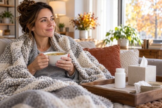 Adult recovering at home with warm soup and medicine nearby, illustrating nourishment, self-care and cold-season recovery.