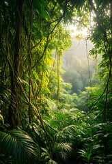 Fototapeta premium Rainforest conservation and biodiversity, lush tropical jungle with sunlight filtering through dense green foliage and hanging vines in a wild forest