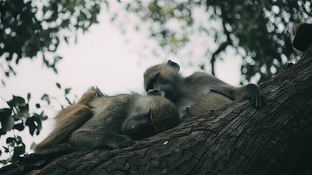 A group of monkeys sleep on tree at night, Hwange National Park, Zimbabwe.