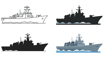 military warship icon set, four different stylized naval vessel designs, linear silhouettes with colored options, maritime defense symbols, navy fleet, battleship illustration © MD FARIDUL