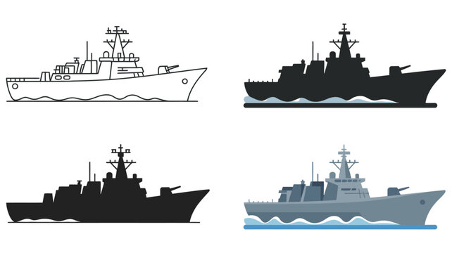 military warship icon set, four different stylized naval vessel designs, linear silhouettes with colored options, maritime defense symbols, navy fleet, battleship illustration