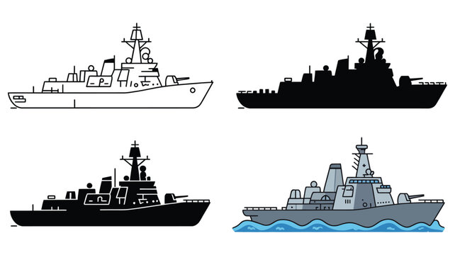 military warship icon set, four different stylized naval vessel designs, linear silhouettes with colored options, maritime defense symbols, navy fleet, battleship illustration