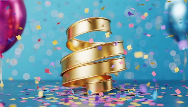 3d render of a golden spiral ribbon with colorful confetti falling on a blue background for a festive celebration
