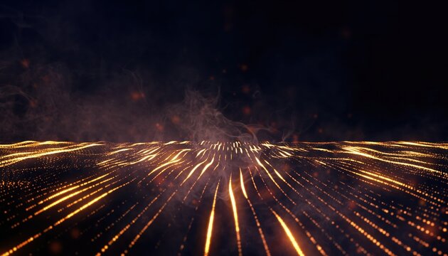 Abstract digital landscape with glowing golden particles and smoke effect on a dark background