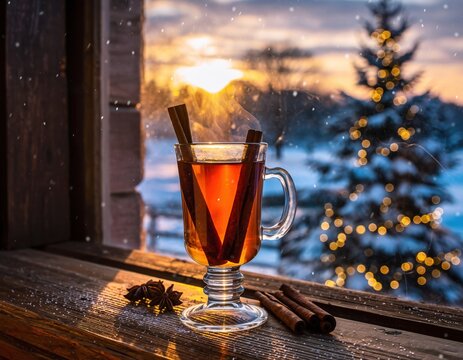 Steaming glass of hot spiced cider with cinnamon sticks on a rustic windowsill overlooking a snowy winter sunset