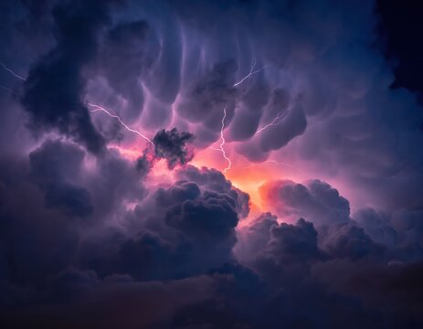 Dramatic thunderstorm with mammatus clouds and lightning strikes illuminating the dark sky