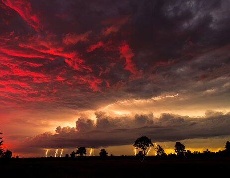 Dramatic sunset sky with intense lightning strikes over a silhouetted landscape