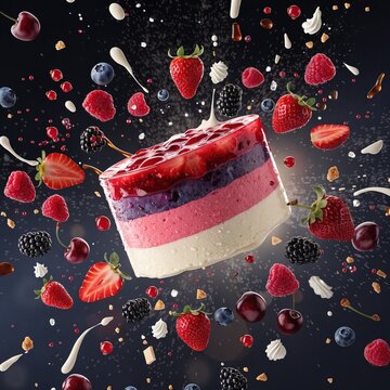 A premium promotional photo of a berry cake with a delicate sponge cake and creamy filling. Various fresh berries are suspended in the air, creating an effect of dynamism and weightlessness.