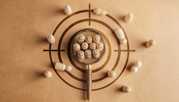 Hr recruitment target concept with wooden figurines and magnifying glass