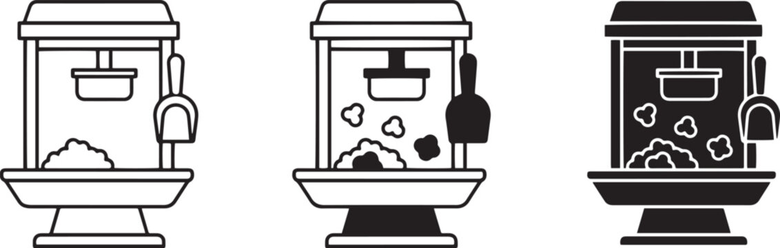 Popcorn Machine Icons, Vintage Cinema Snacks, Retro Concession Stand Vector Graphics
