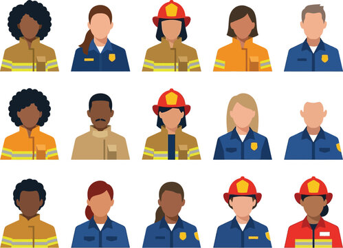 Diverse group firefighters and emergency responders illustrated icons set