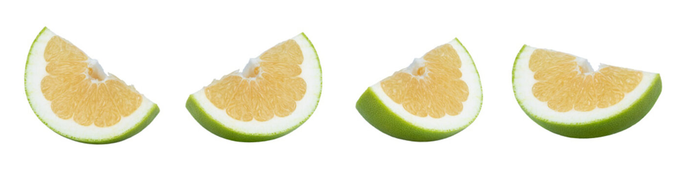 Pomelo, pomelit, oroblanco or sweetie grapefruit green citrus fruit slices isolated on white without shadow.