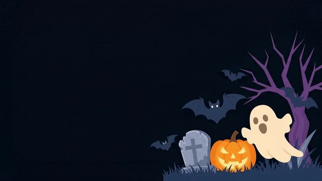 Spooky Halloween graveyard animation with ghost and pumpkin