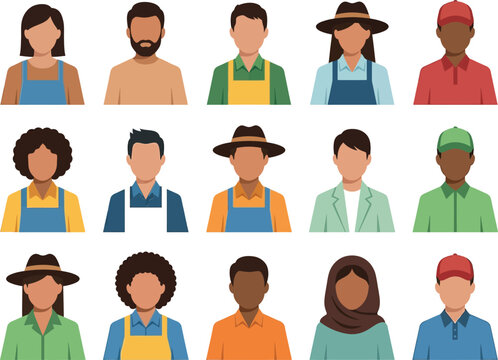 Diverse group of farmers wearing various colorful work aprons and hats