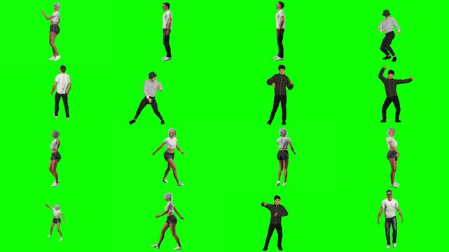 Full body animated humans practicing body stretches, morning yoga, and calisthenics routines over a keyable green canvas, crafted specifically for healthcare, fitness, and lifestyle footage.