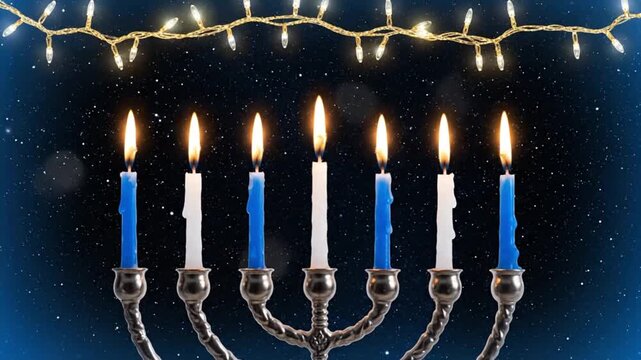 A traditional menorah with bright blue and white lit candles against a dark background serves as a perfect template for cultural and holiday events