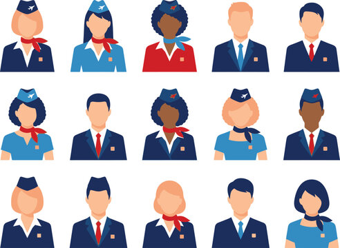 Set of diverse airline crew members in uniform with transparent background