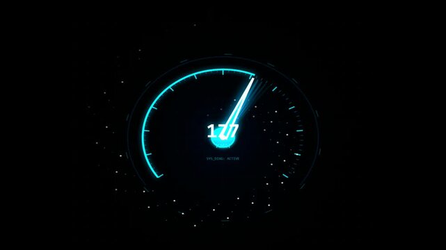 Glowing blue digital speedometer gauge showing high speed numbers on a dark black background 4k Motion Video