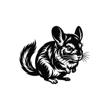 Black and white illustration of a cute fluffy chinchilla sitting in a simple graphic style