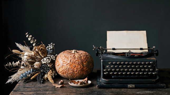 Vintage typewriter with a carved pumpkin and dried flower bouquet on a rustic wooden table with typewriter blank paper