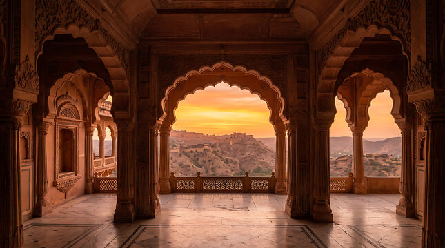 Sunset view through ornate arches of traditional Indian palace overlooking desert landscape