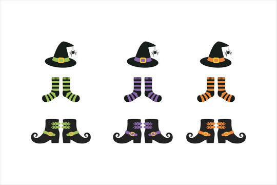 Halloween witch hats, striped socks, and boots set in flat 2D style. Vector illustration for spooky holiday costume design elements.