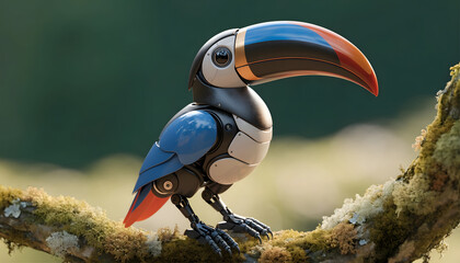 Fototapeta premium Robotic bionic toucan bird perching on mossy branch. Artificial intelligence and cybernetic wildlife. Mechanical toucan observing lush forest environment