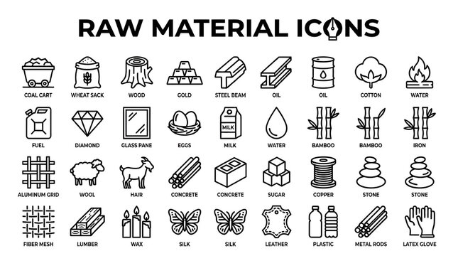 A comprehensive collection of line icons illustrating various raw materials such as coal, gold, oil, cotton, wood, and more, essential for industrial production and manufacturing processes.