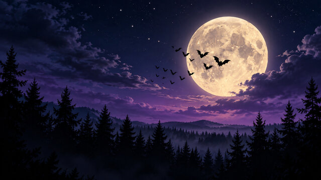 Silhouette bats crossing a full moon above forest