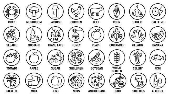 A comprehensive grid of black and white circular icons representing various food allergens, ingredients, and dietary restrictions.