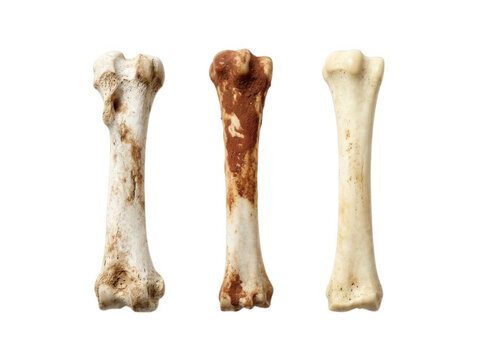 Three human long bones isolated on transparent background showing wear and staining for forensic and archaeological studies