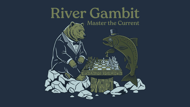 Vintage River Gambit Illustration Featuring a Grizzly Bear in a Suit and a Salmon in a Top Hat Playing Chess for T-shirt Design Print and Apparel