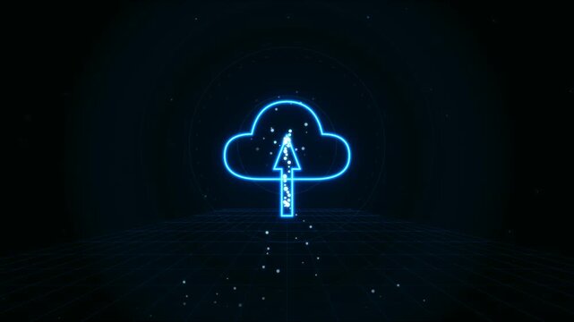Glowing blue neon cloud icon with an arrow pointing up representing data upload and digital storage technology on a dark futuristic background with floating particles 4k Motion Video