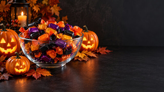 Colorful Halloween candy bowl with pumpkins