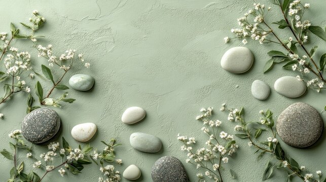 Smooth Spa Stones and Delicate White Flowers on a Tranquil Green Background