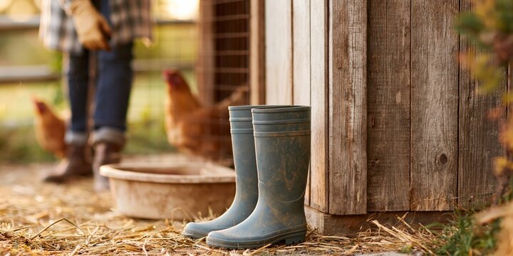 Blue rubber boots near chicken coop