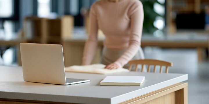 Modern workspace with laptop and book