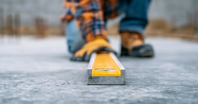 Construction worker using spirit level tool