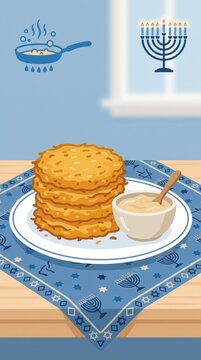 A stack of golden potato latkes served with a bowl of sour cream on a blue tablecloth decorated with menorah and Star of David symbols, celebrating the traditional Jewish holiday of Hanukkah.
